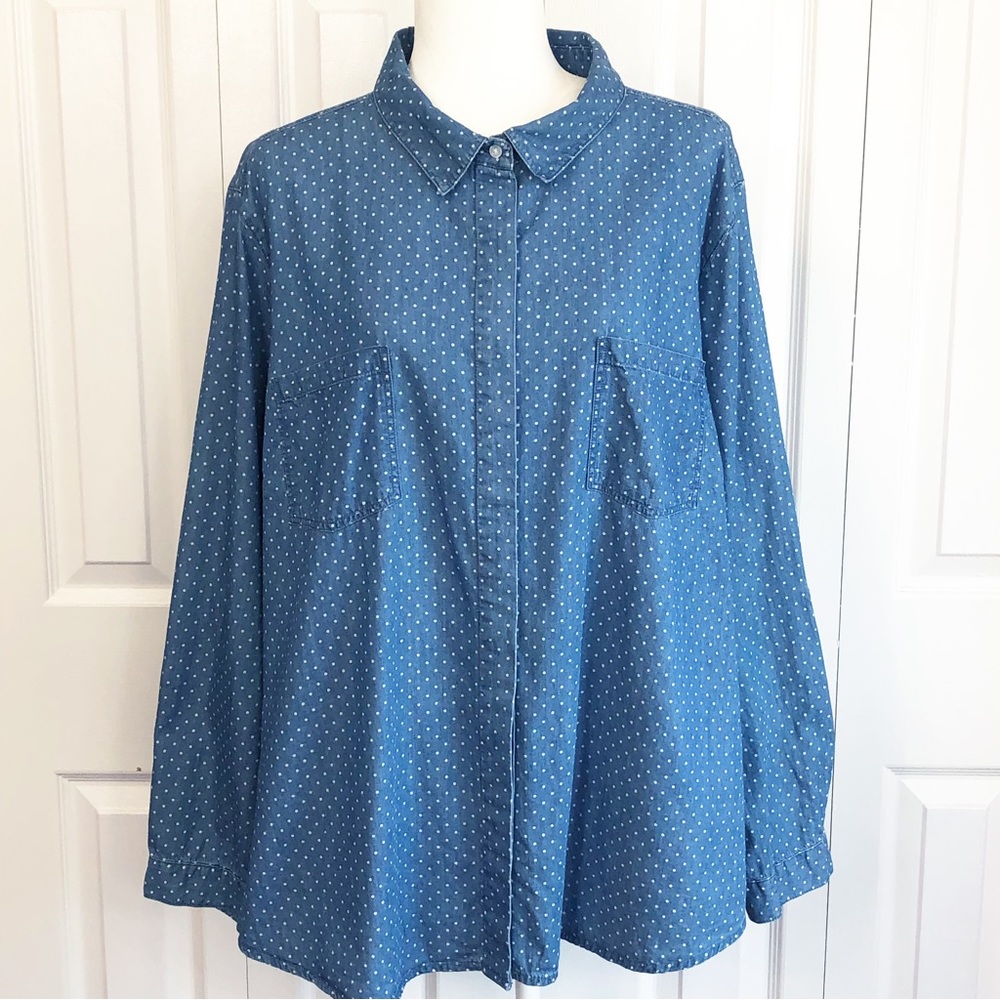 Alexander Jordan Blue Denim Jean Polka Dot Print Button Down Shirt 2X